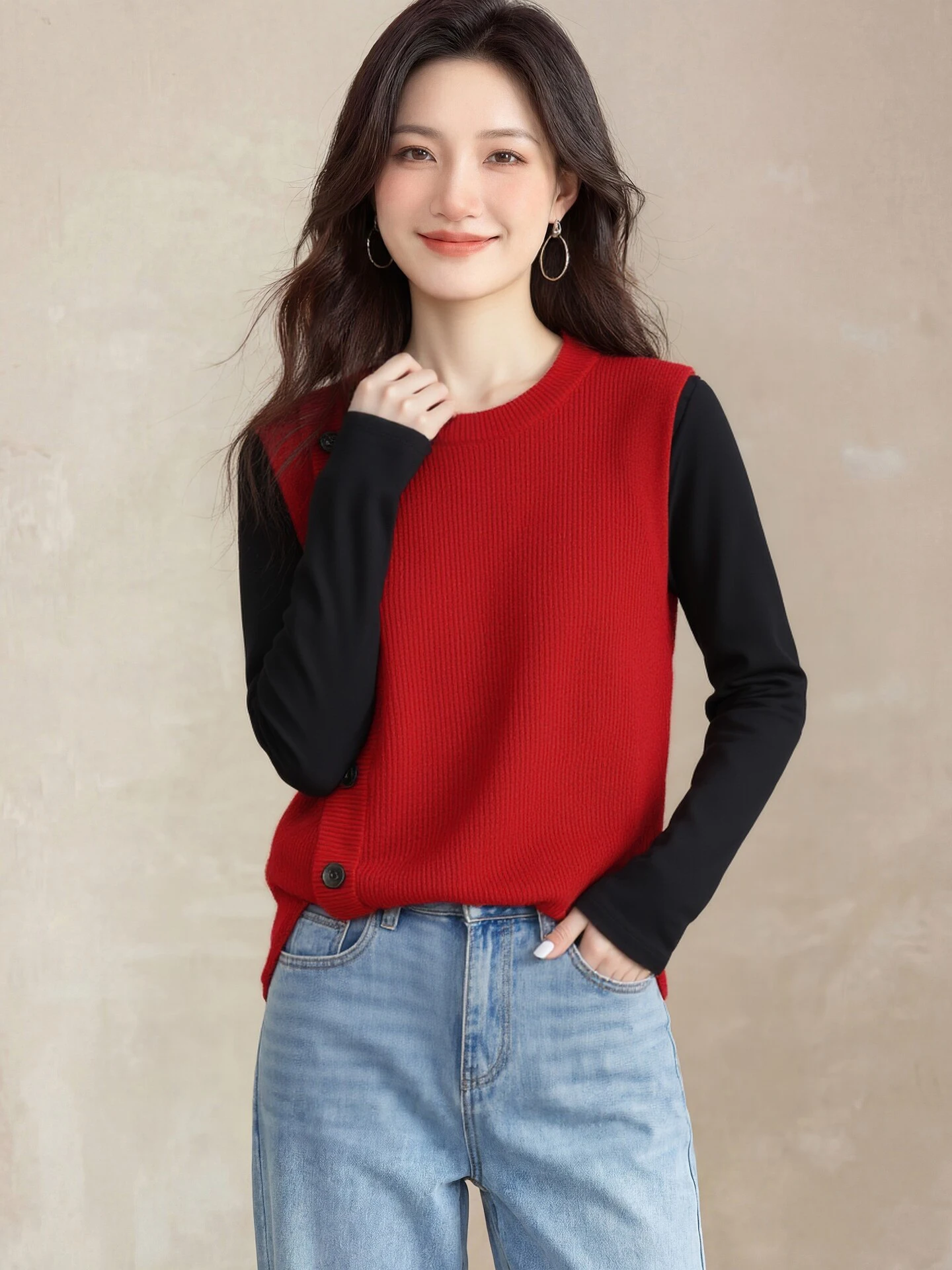 

Новая весенняя коллекция Lanli: Красный вязаный жилет с круглым вырезом для женщин, универсальный, мягкий, облегающий, для многослойных образов