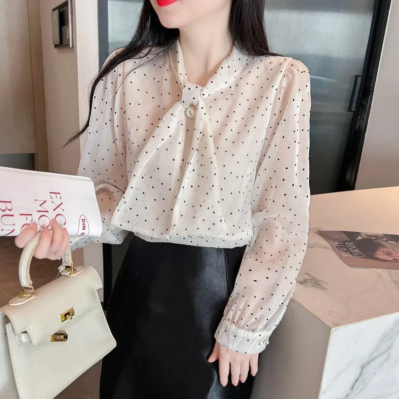 Polka Dot Parel Blouse Vrouwen Franse Stijl Lente En Herfst 2024 Lange Mouwen Kantoor Lady Mode Basis Strik Pullover Tops Dames