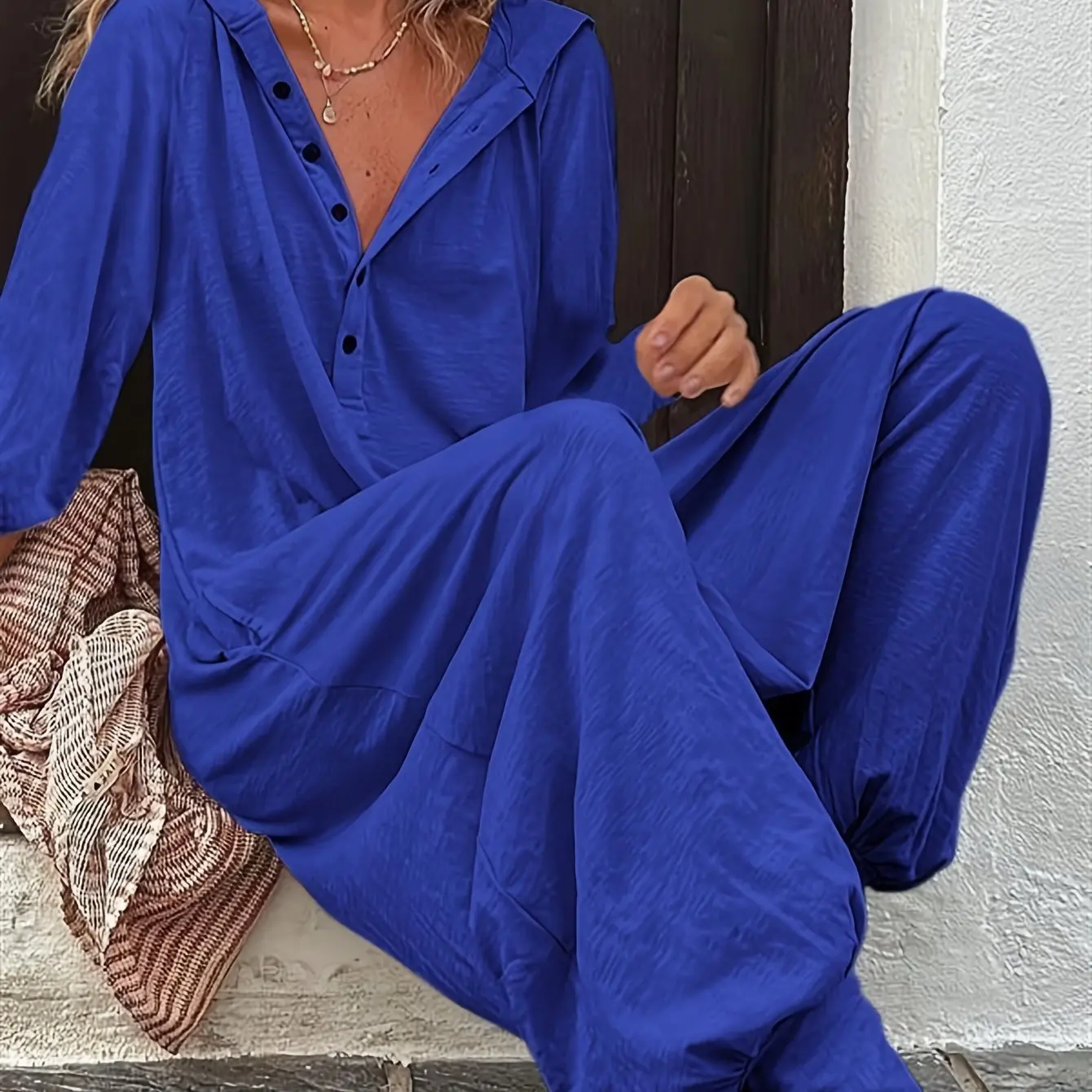 Fashionable Khaki Jumpsuit Women's Long Sleeve V Neck Soild Color Button Down Loose Fit Casual Romper