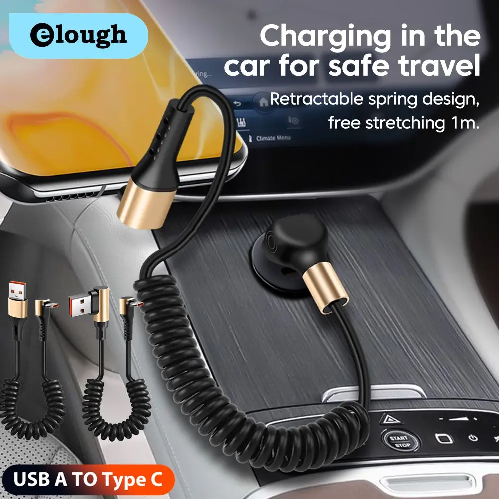 

90 Degree Car Elbow Spring Cable 6A Fast Charging Type C Cable Retractable 66W USB C Data Cord For iPhone 15 16 Huawei Xiaomi