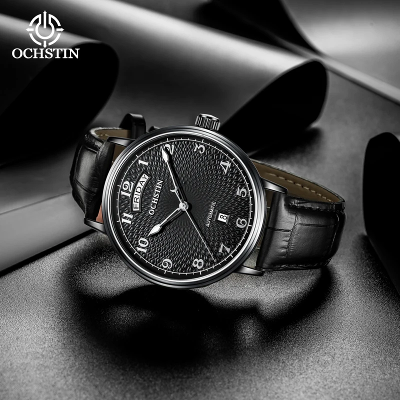 

OCHSTIN Полностью автоматические часы, мужские часы с календарем, водонепроницаемые кожаные часы с ремешком, минималистичные деловые роскошные наручные часы для джентльменов
