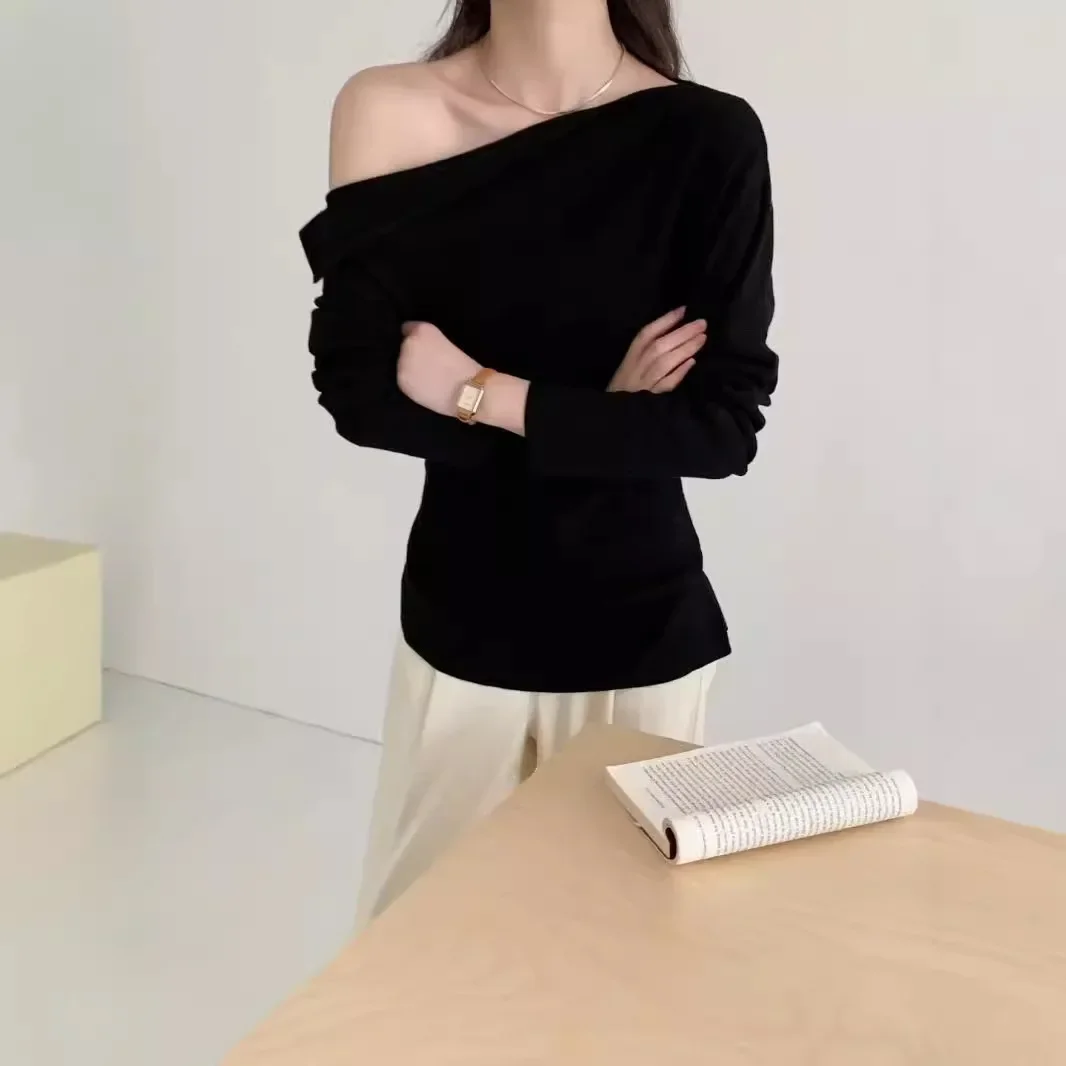 ZA Cross-Border Women's Clothing Wholesale Off-Shoulder Ruffled Tight Base Layer Top Slimming Knitted Pullover For Smooth Silhou