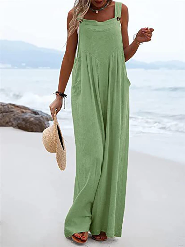 Cotton Linen Jumpsuit Women Spring Solid Elegant One Piece Wide Leg Pants Button Strap Romper Summer Holiday Beach Overalls