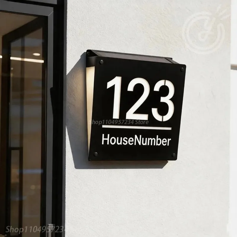 Solar LED House Number Sign Custom, Modern Lighted Address Plaque Waterproof Outdoor Home Wall Illuminated Address Marker