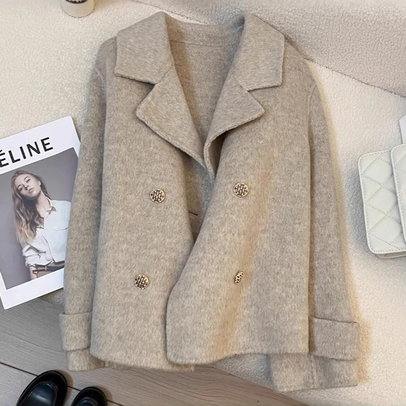 

High-Quality Double-Sided Woolen Coat Women New Fashion Autumn Winter Suit Collar Double Breasted Loose Overcoat Female Tops