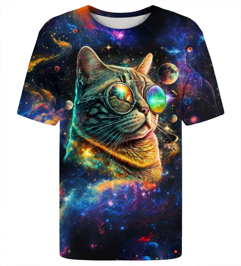 Unisex Space Cat T-shirt, Featuring A Steampunk Design with Goggles, A Kitten Astronaut, and Sci-fi Fantasy Print.