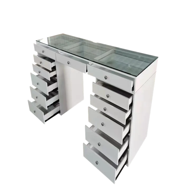 Multi Functional Salon Manicure Nail Table White Glass Customized PVC Logo Style Modern Furniture Cosmetics Color Guangdong