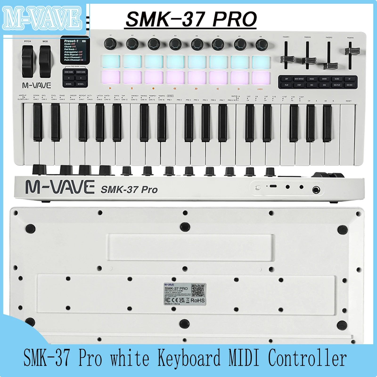 

SMK-37 Pro white Keyboard MIDI Controller w/Built-in Synthesizer|16 RGB Backlit Drum Pads,8 Knobs,4 Sliders/Music Production