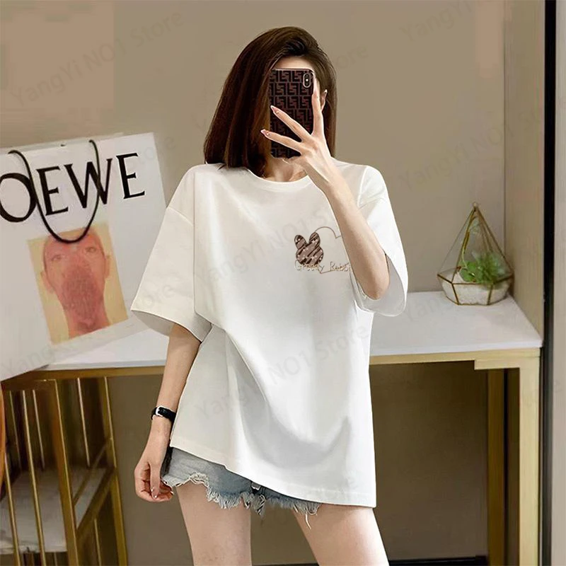 Damen Baumwoll-T-Shirt Kurzarm Neues Koreanisches T-Shirt für Frauen Rundhals Locker Sitzend Modisches T-Shirt Damen-Oberteil mit Cartoon-Motiv – Detail 8