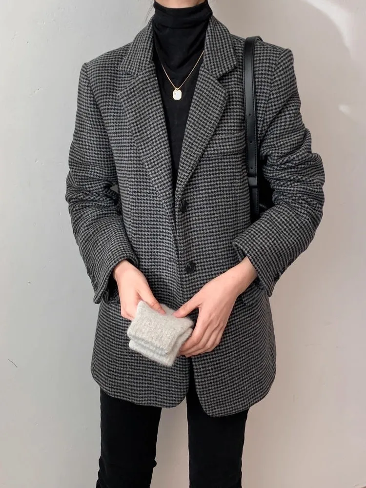 ชุดสูทลายสก็อตสไตล์เรโทรชิคสำหรับผู้หญิง ทรงหลวม ความยาวปานกลาง สไตล์เกาหลี แขนยาว ติดกระดุม ลำลอง สวมทับเสื้อผ้า