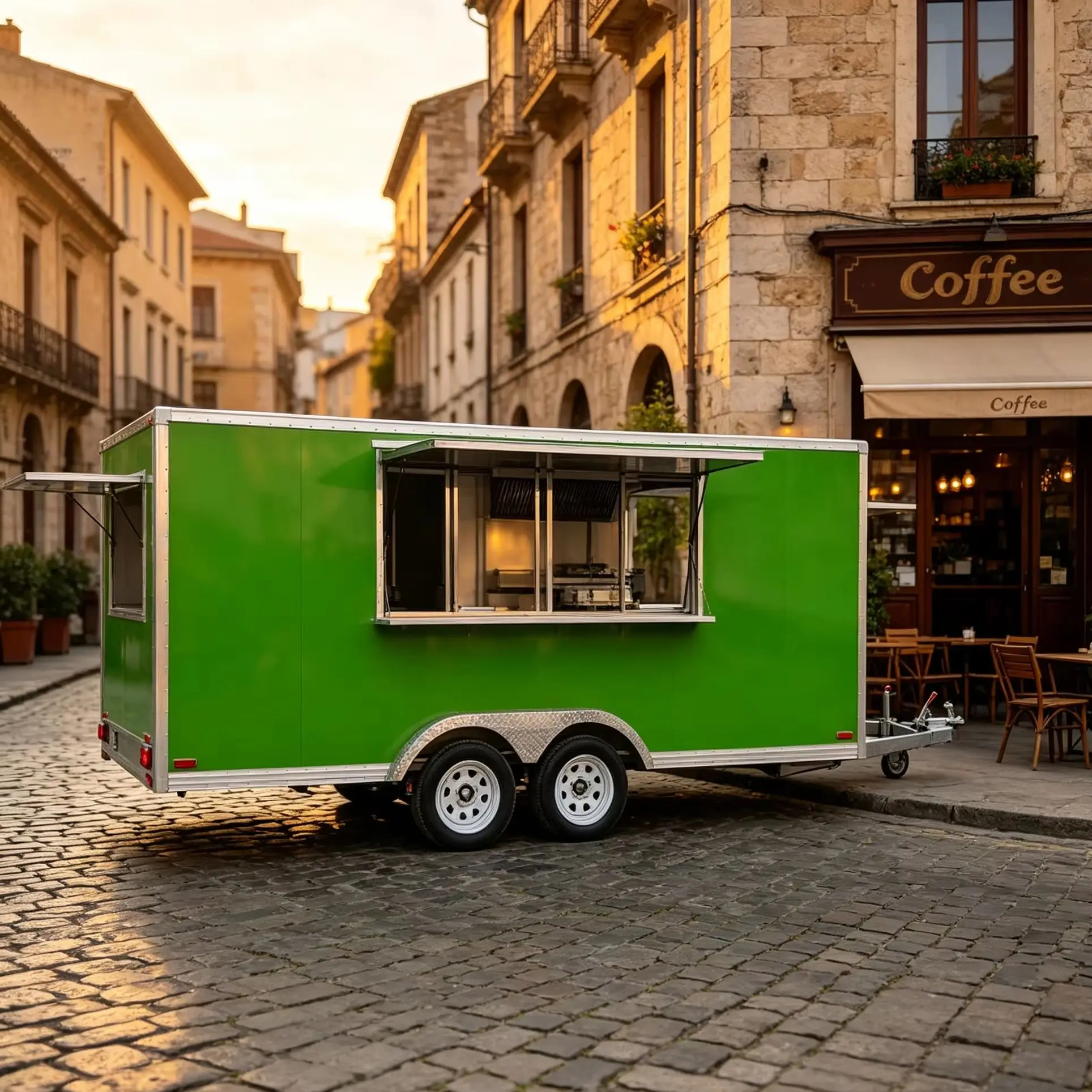 Green Dual Axle Mobile Food Trailer Single Service Window Outdoor Street Coffee Snack Vending Cart