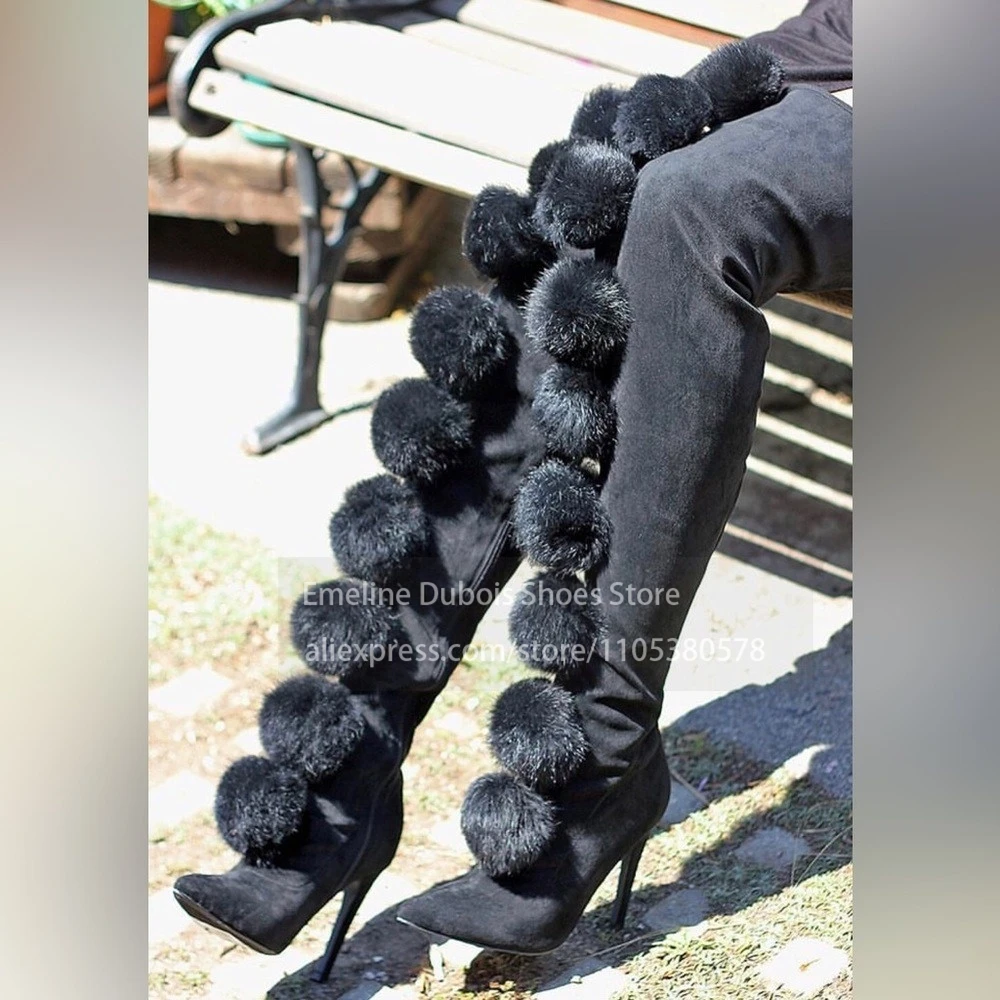 Furry Pom Pom Suede Stiletto Over the Knee Boots Pointed Toe Side Zip High Heel Thigh High Boots Sexy Autumn Winter Tall Boots