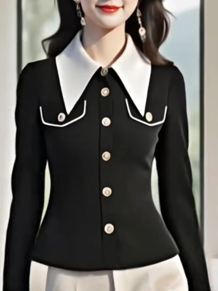 French Design Chic Pointed Polo Collar Tunic Shirts Office Lady Elegant Contrast Color Full Sleeve Slim Fit Blouses Autumn Tops