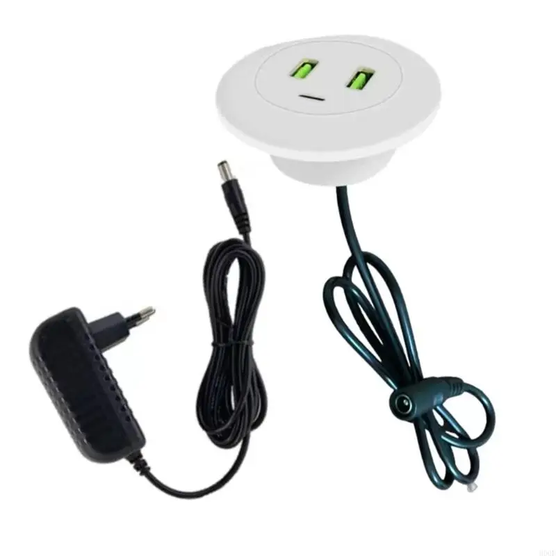 900F -Runde USB -Hubs mit 2 USB -Anschlusstyp -C -Ladegerät 12V Netzteil Europäische Stecker Langkabel tragbares Ladeadapter für