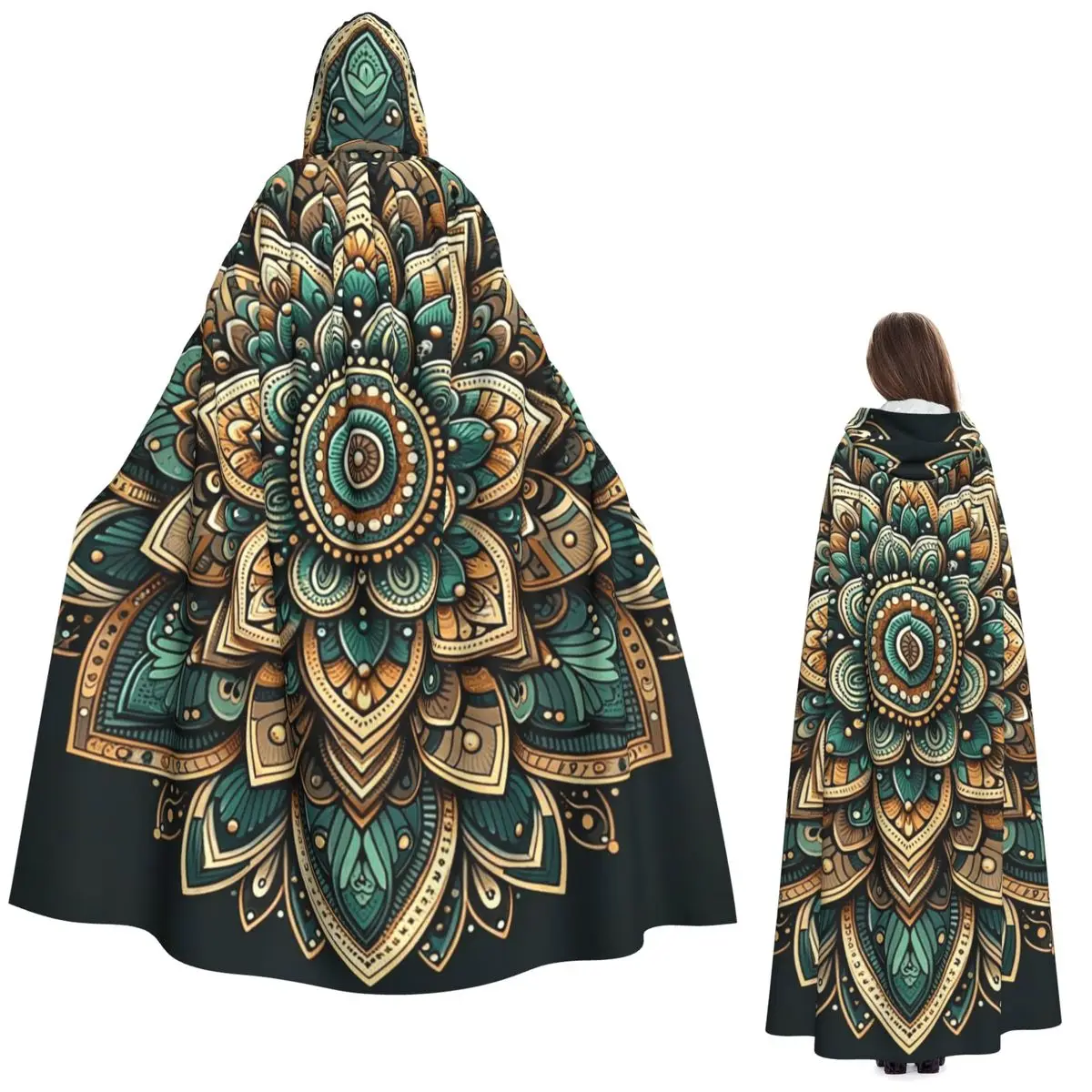

Mandala Long Hooded Cloak Witch Medieval Costume Cosplay Cape HalloweenCoat Adult Unisex