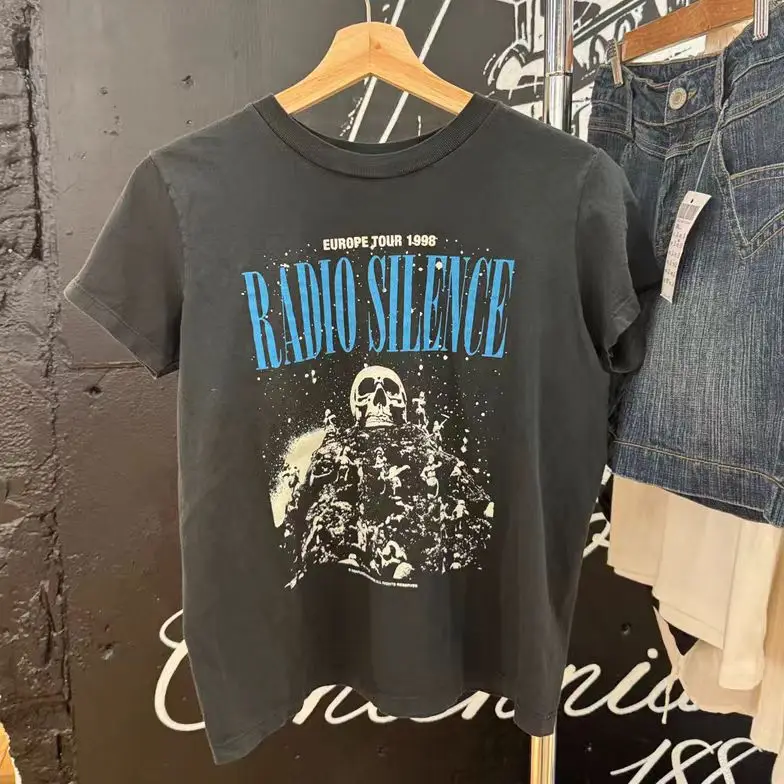 

Женская футболка с коротким рукавом, черная хлопковая Приталенная футболка с принтом черепа в стиле ретро, лето 2024