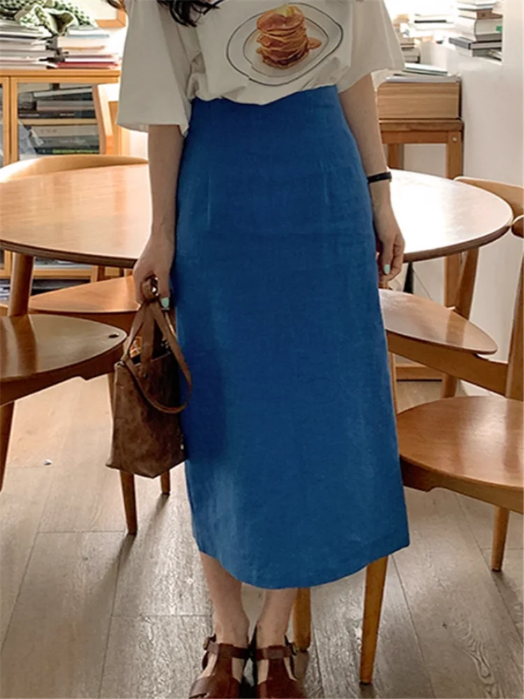 Gonna slim a mezza lunghezza blu arancione per donna 2025 Nuovo autunno moda vita alta dritto tubino diviso avvolto gonna a trapezio