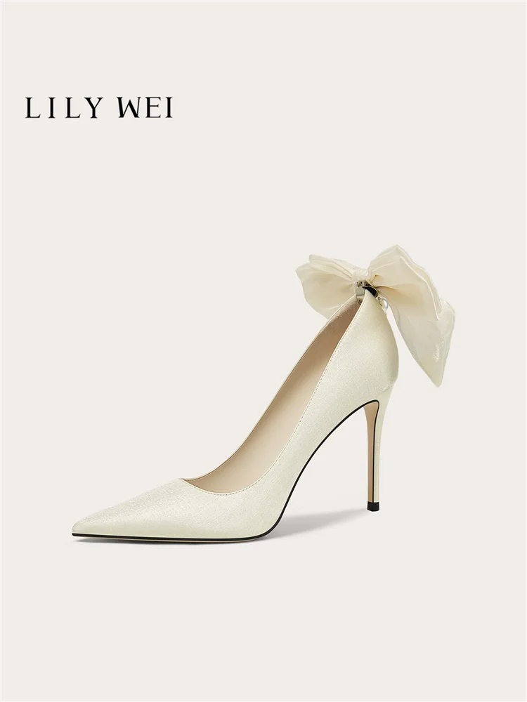 Spring new pointed shallow mouth silk bow pearl wedding shoes banquet large size small size widened high heels women's shoes