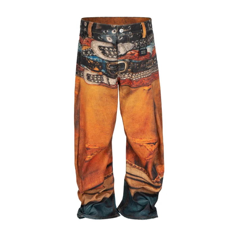 

Men's Fashion High Street 3D Printed Jeans Pants Loose Fit Vibe Style Y2K Denim Trouses Streetwear Painted Jeans For Male