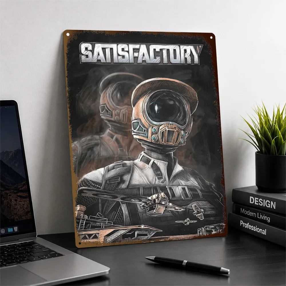 Satisfactory Pioneer Portrait Printed Poster Personalized Aluminum Metal Sign Cosmic Mission Style Wall Art Enhances Game Room