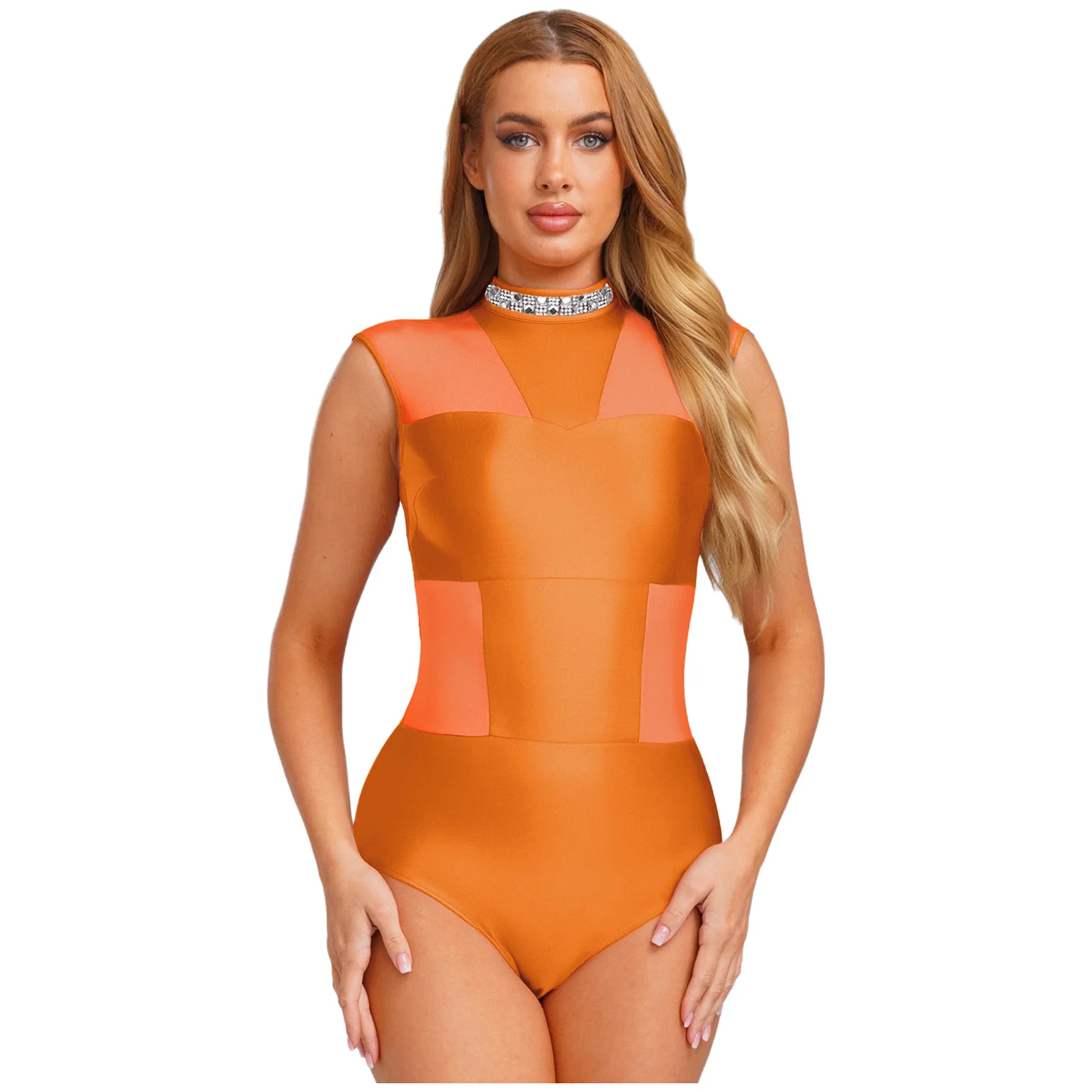 

Women's Ballet Gymnastics Leotards Swimsuits Rhinestone Sheer Mesh Sleeveless Backless Bodysuits Latin Lyrical Modern Dancewear