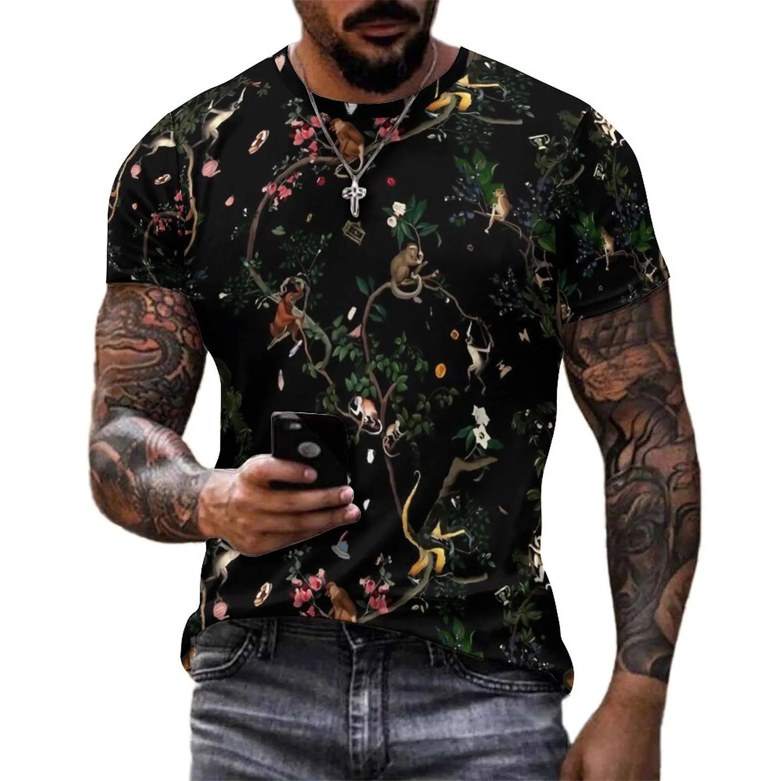 

Summer T Shirt Monkey World T Shirts Vintage Floral Print Awesome Harajuku Tee Shirt For Men Short-Sleeve Plus Size Clothes