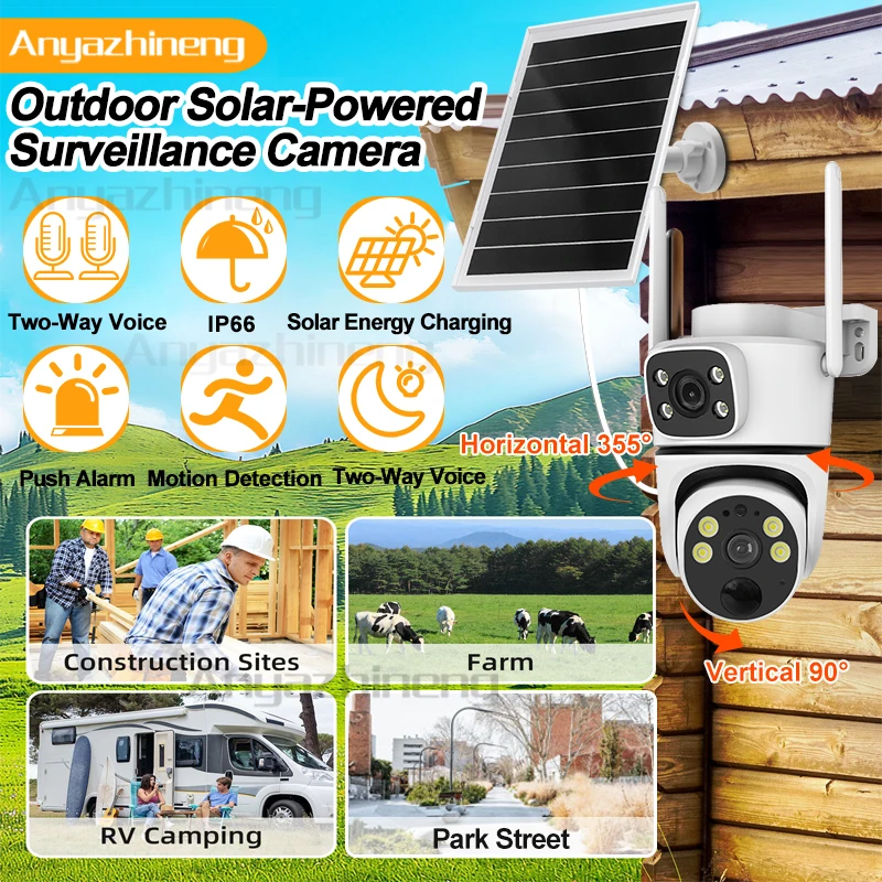 كاميرا مراقبة خارجية تعمل بالطاقة الشمسية مع صوت ثنائي الاتجاه IP66 مقاومة للماء للرؤية الليلية لمواقع البناء والمزرعة