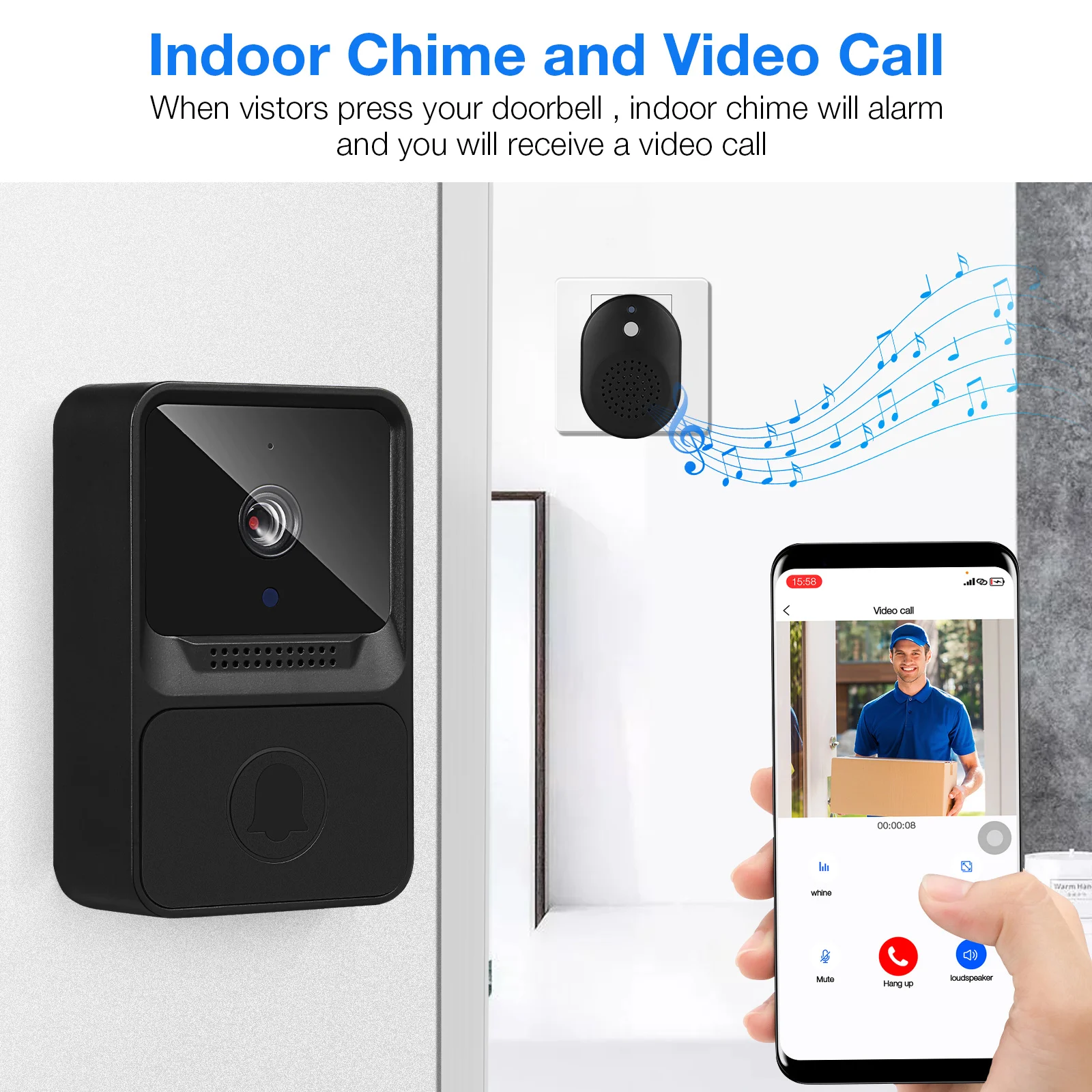 

Doorbell Wireless Camera for Home Office Black Ultra Low Power Night Vision Multiple Accounts Online Remote Call