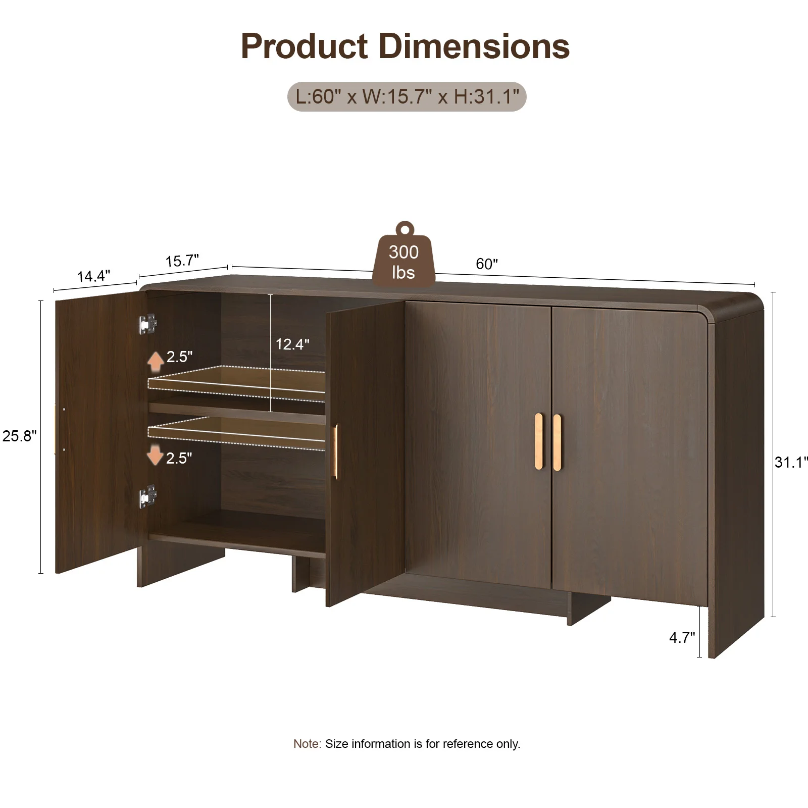 60" Sideboard Buffet Cabinet with Storage, Curved Design Farmhouse Coffee Bar Cabinet with 4 Doors & Adjustable Shelves image 2