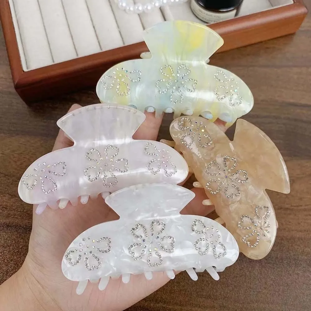 

Iridescent Rhinestone-inlay Hair Claw Korean Style Contrast Color Women Shark Clip Elegant Flower Acrylic Hair Claw Girls