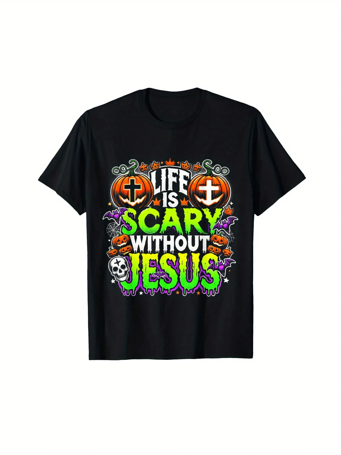 

Men's Faith Themed Halloween T-Shirt - "Life is Terrible Without Jesus" Neon Green and Colored Cross and Skull Design