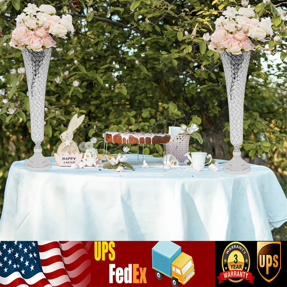 2 Pcs Silver Wedding Table Decor Crystal Vase European Wedding Props Stage for Wedding Party Birthday Event Home Decoration