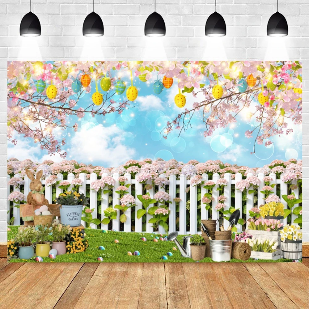 Spring Easter Backdrop Rabbits Eggs Grass Flowers Garden Fence Newborn Baby Shower Kids Birthday Party Photography Background