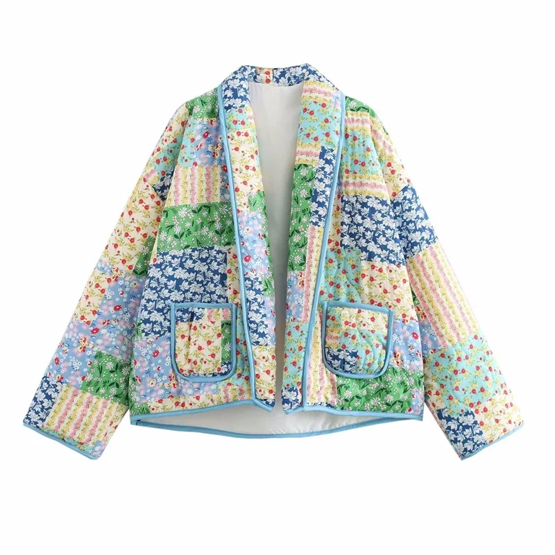 

Vintage Cotton-padded Clothes Jacket Winter Floral Printing Patchwork Casual Women Long Sleeves Lady Streetwear Warm Coat