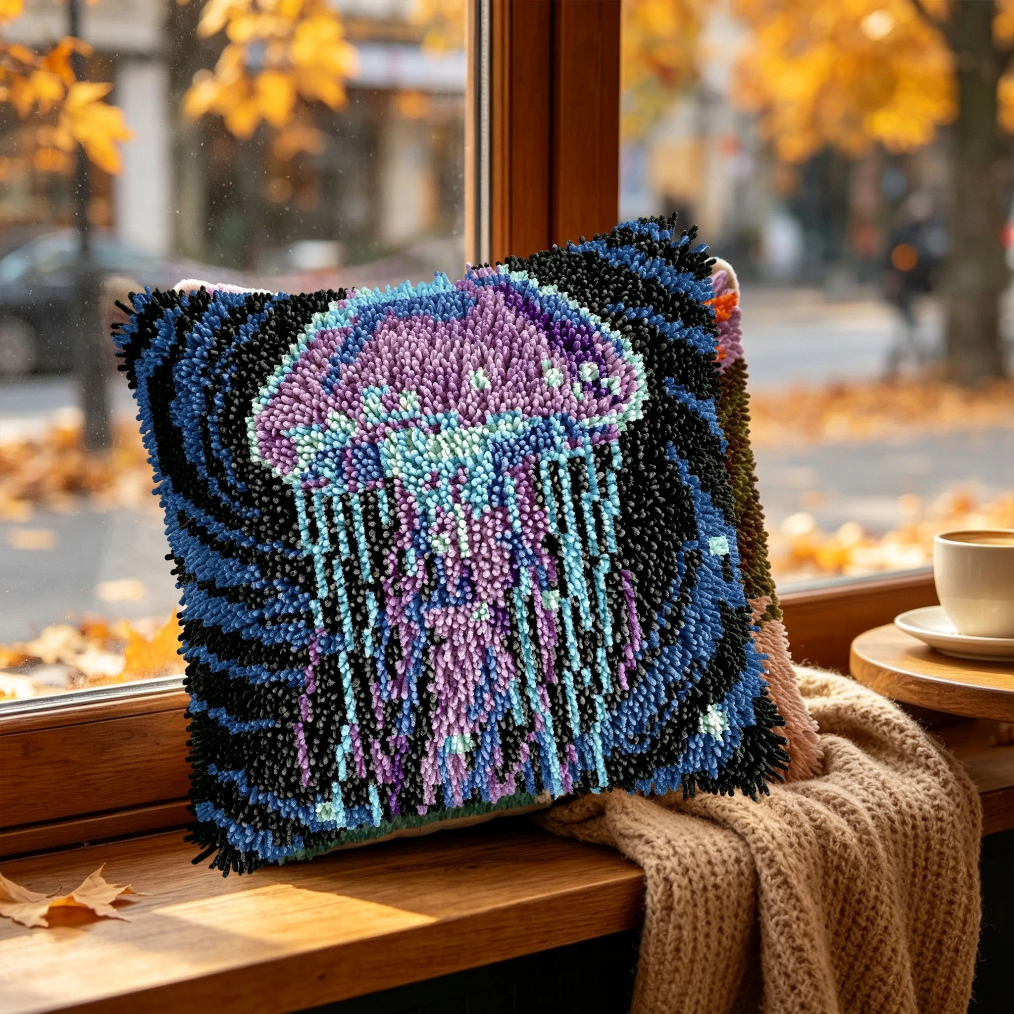 1Set Purple Jellyfish Knot Pillow Latch Hook Kit Cushion Pillowcase Set For Needlework Latch Hook Kits DIY Beginner-friendly Emb