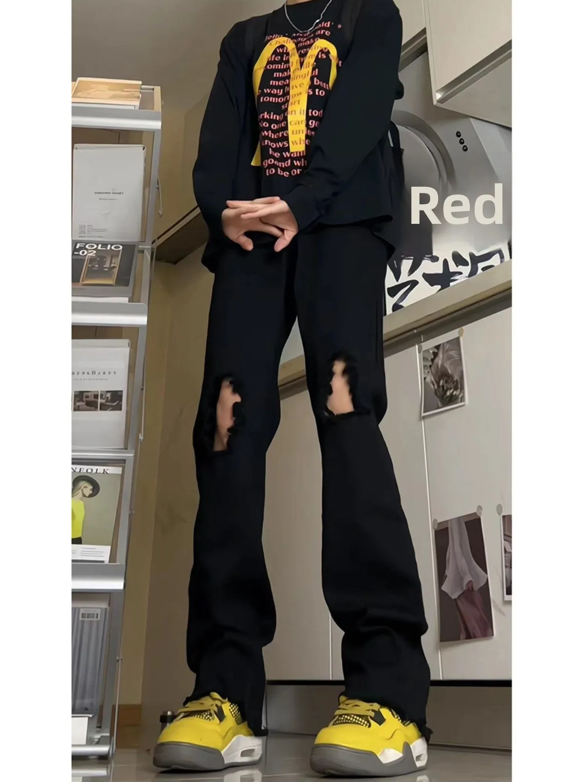 

Vintage American Straight Leg Jeans Men's Hole Punch High Street Sle Loose Fit Long Pants Youth Trendy Slimming Effect