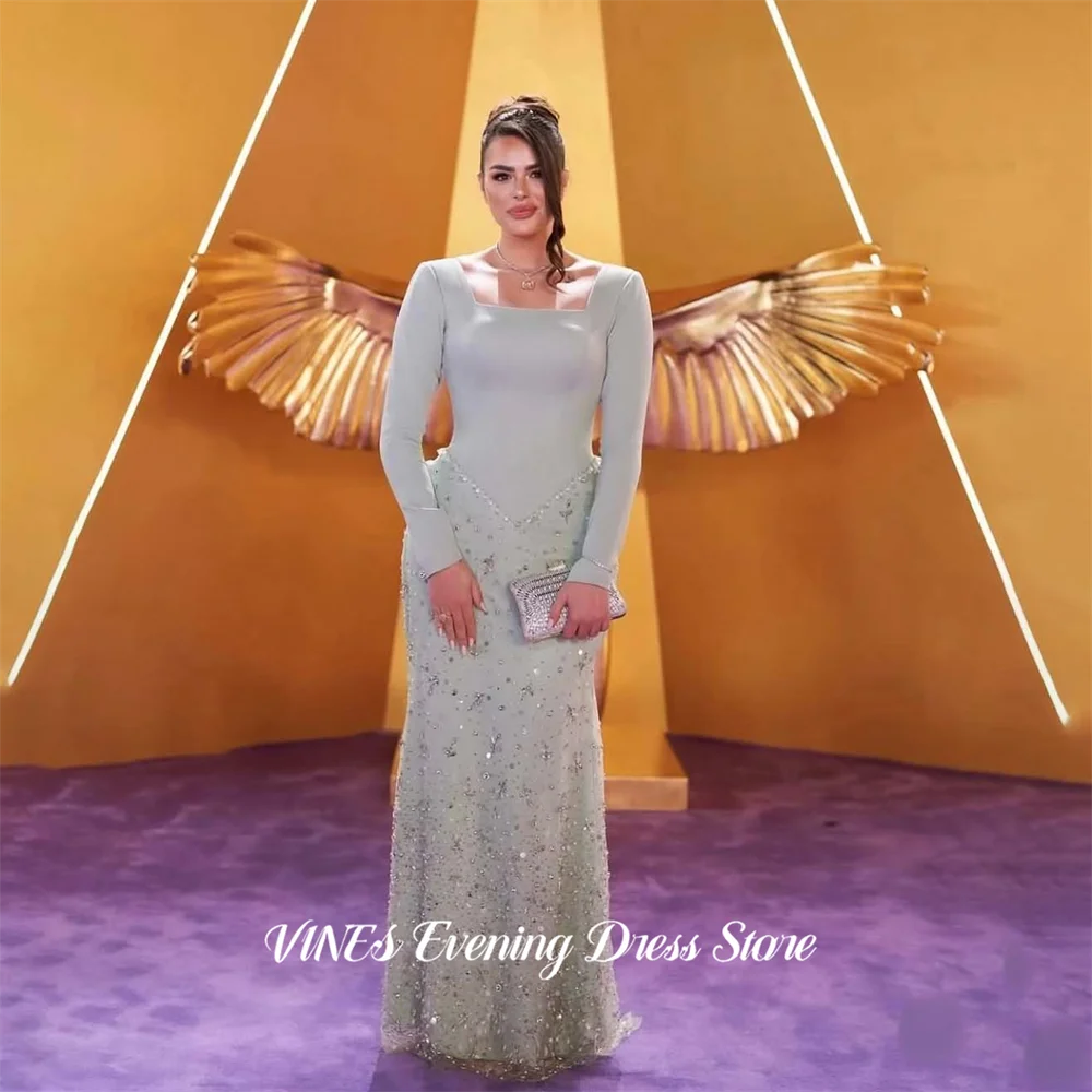 

VINES Mint Green Evening Dress Square Neck Long Sleeve Party Dresses with Rhinestones Prom Gown Mermaid robes du soir Customized