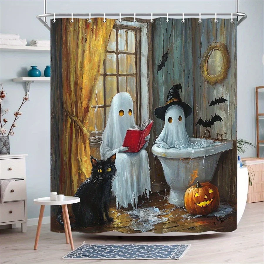 Whimsical Halloween Shower Curtain - Ghosts Reading with Black Cat & Carved Pumpkin, Rustic Wooden Wall Design