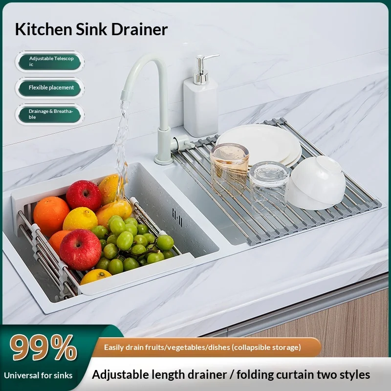 

Retractable Stainless Steel Dish Drying Rack, Kitchen Sink Storage Basket Fruit Vegetable Drainage Organizer Home Kitchen