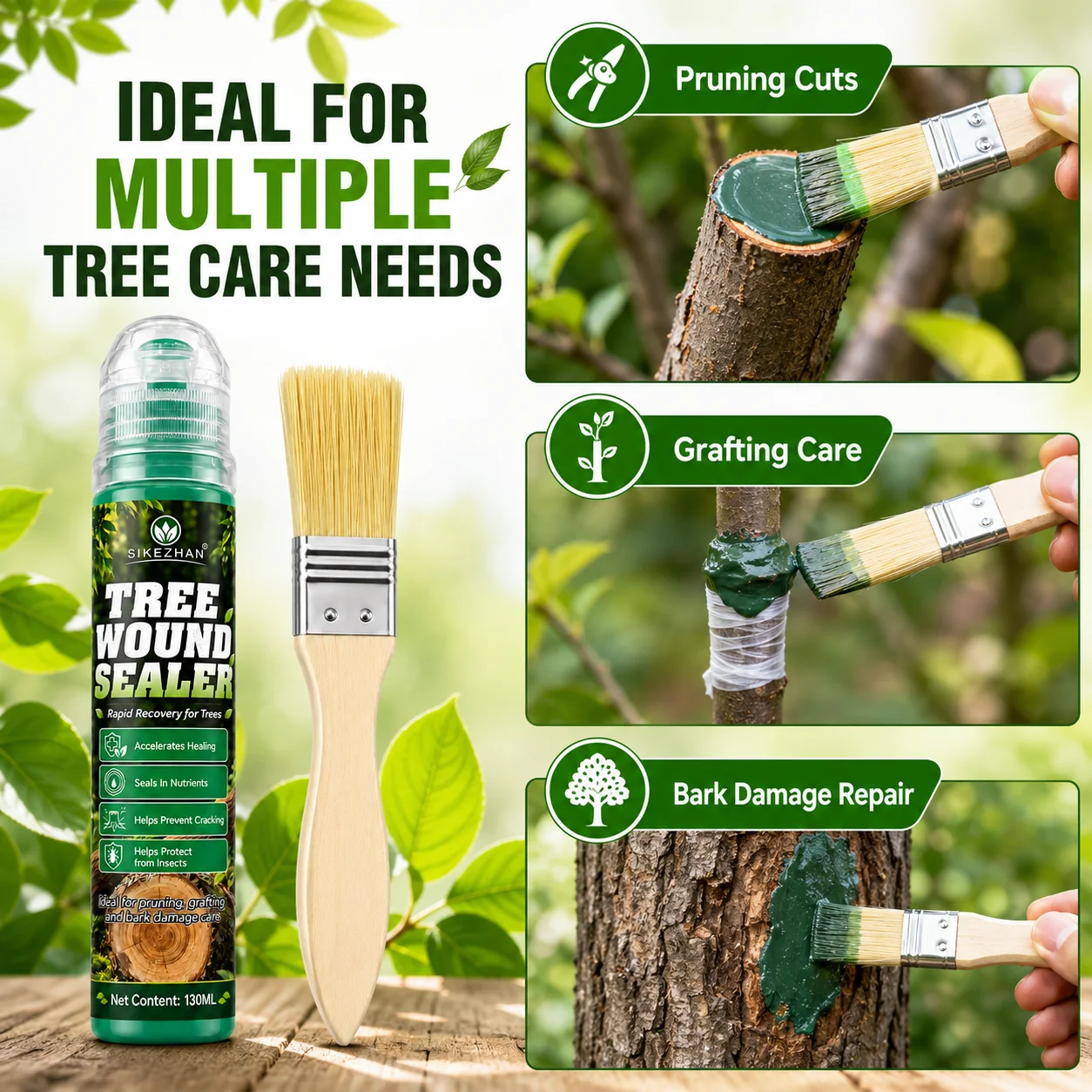 Tree Wound Repair Sealer 130ml with Applicator Brush, Protective Pruning Paste for Cut Branches, Grafting and Bark Cracks