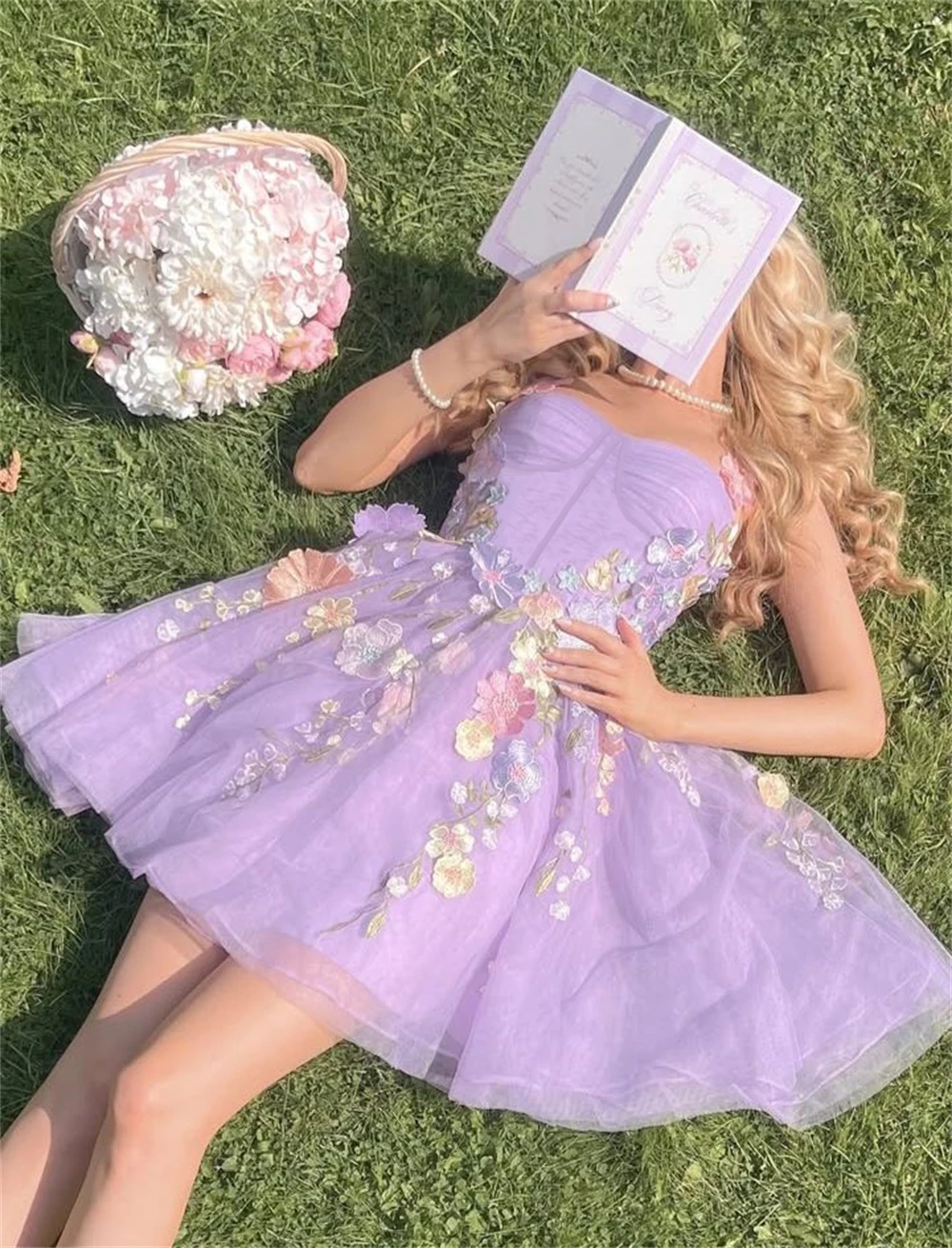 

3D Floral Tulle Spaghetti Straps Mini Homecoming Dresses Sweetheart Pleats Backless A-line Ball Gowns Girl's Short Prom Dress