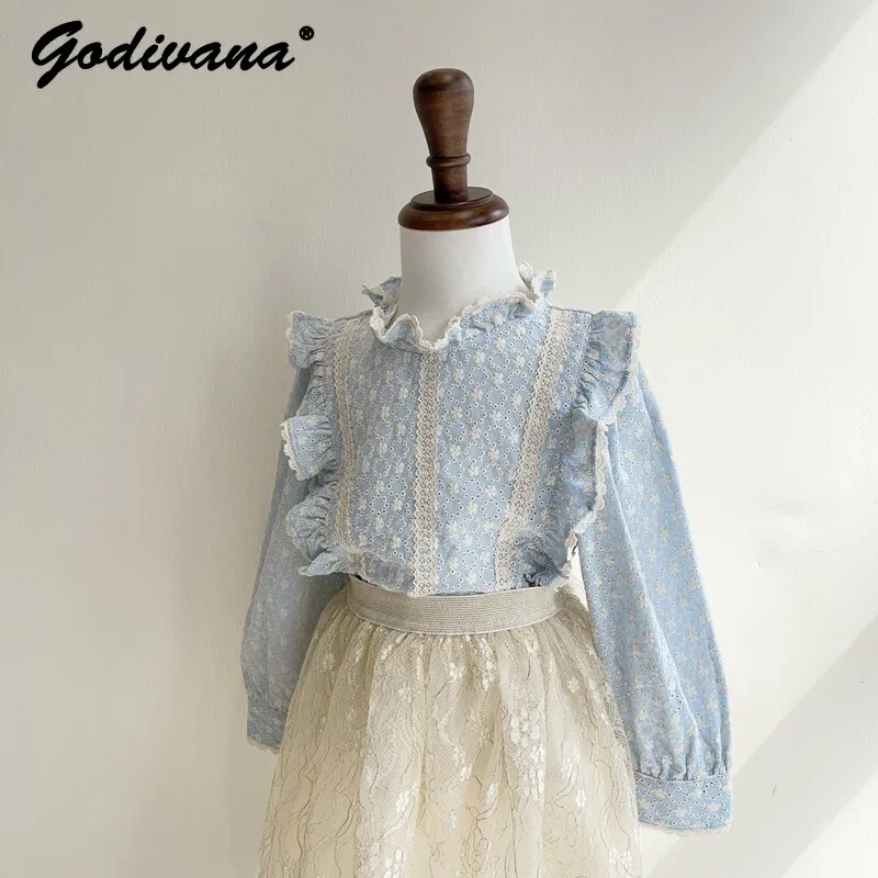 2026 Spring Korean High End Baby Girls Retro Blue Top Kids Hollow Out Floral Embroidered Ruffle Lace Trimmed Long Sleeve Blouse