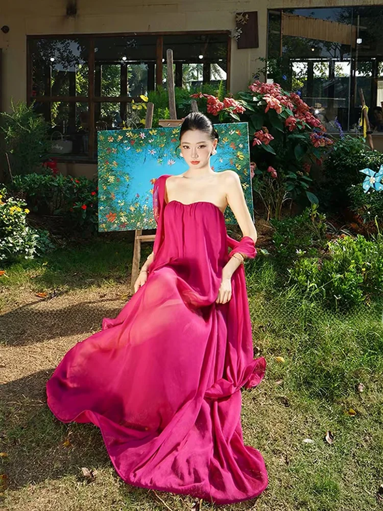 

Elegant Summer Vacation Style Sash Strapless Long Fairy Skirt for plus Size Women in Magenta Color by Youmeizi STAZF7