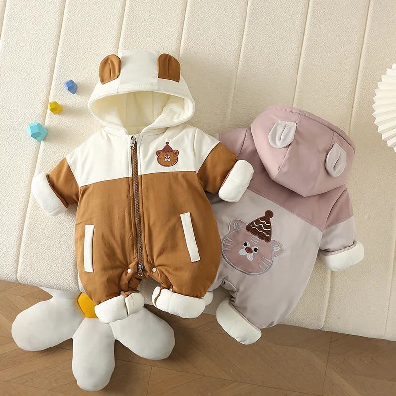 Baby Winter  Clothes Warm Toddler Outwear 0-2Y Cute Tiger Infant Girls Hooded Romper Thicken Newborn Boys Fur Lining Jumpsuit