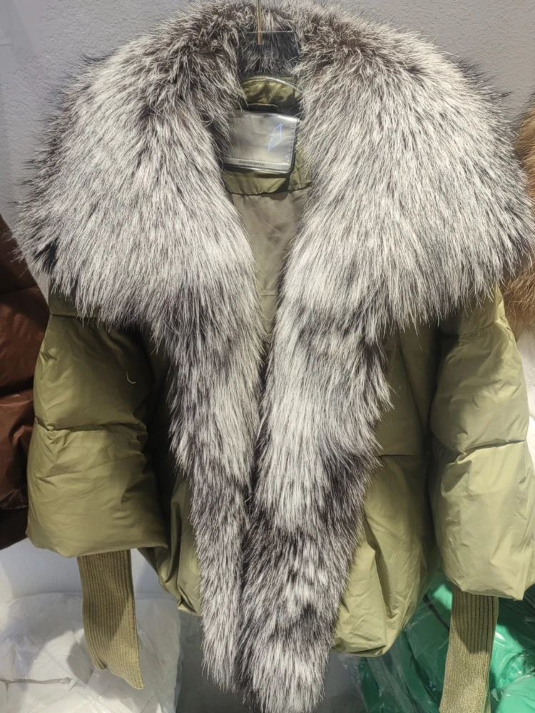 OFTBUY New Duck Down Jacket Winter Coat Women Super Large Real Silver Fox Fur Collar Jacket Knit Sleeve Fashion Luxury Outerwear