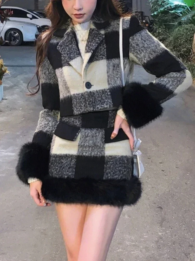 Plaid Knitted Suit Woman Korean 2 Piece Dress Set 2024 Winter Vintage Fashion Tops Cardigan + Slim Bodycon Y2k Mini Skirt Chic