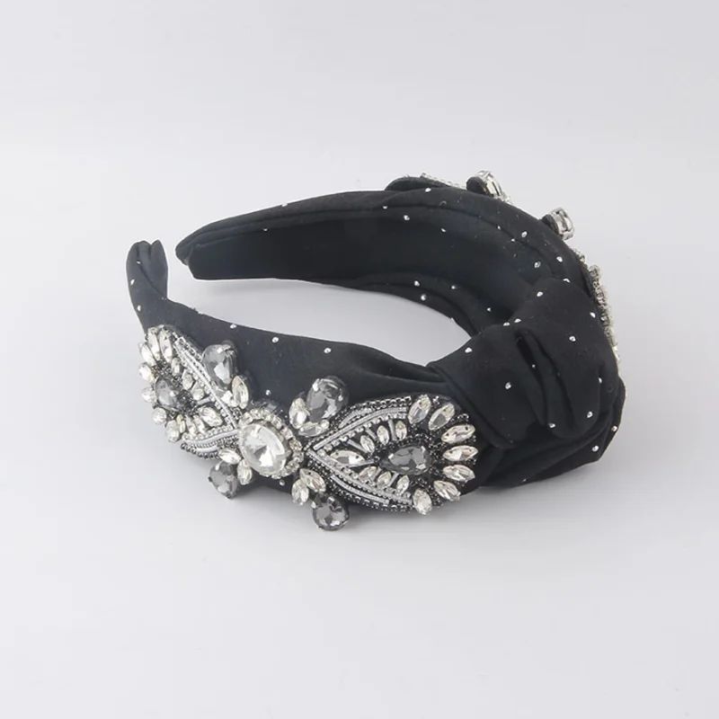 Women Baroque Padded Headband Full Diamond Hairbands Vintage Knotted Fabric Hair Accessory Hair Decor Band