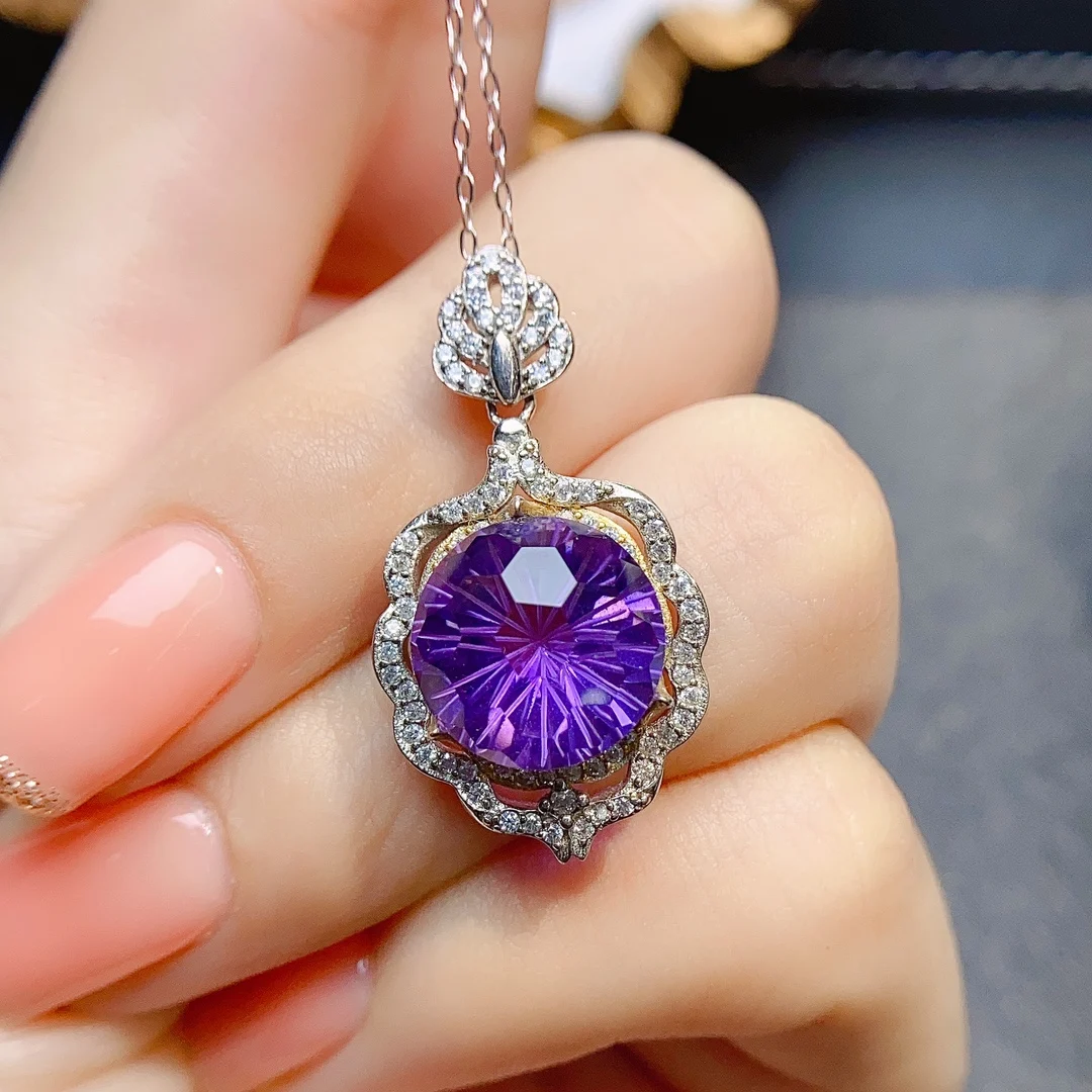 FS 12mm Natural Amethyst Pendant Necklace S925 Pure Silver With Certificate Fine Charm Wedding Jewelry for Women MeiBaPJ New