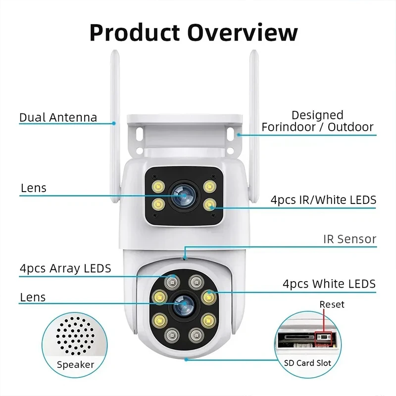 8MP PTZ Wifi Camera with Dual Lens Dual Screens AI Human Detection Wireless Outdoor Security IP Camera