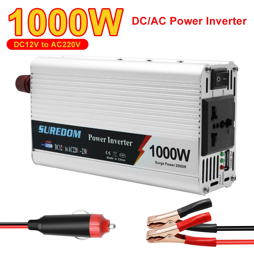 12V to AC 220V With USB Charger Port Cigar Lighter Plug/Clip ​Car Inverter DC Adapter Universal Socket Switch LED Indicator
